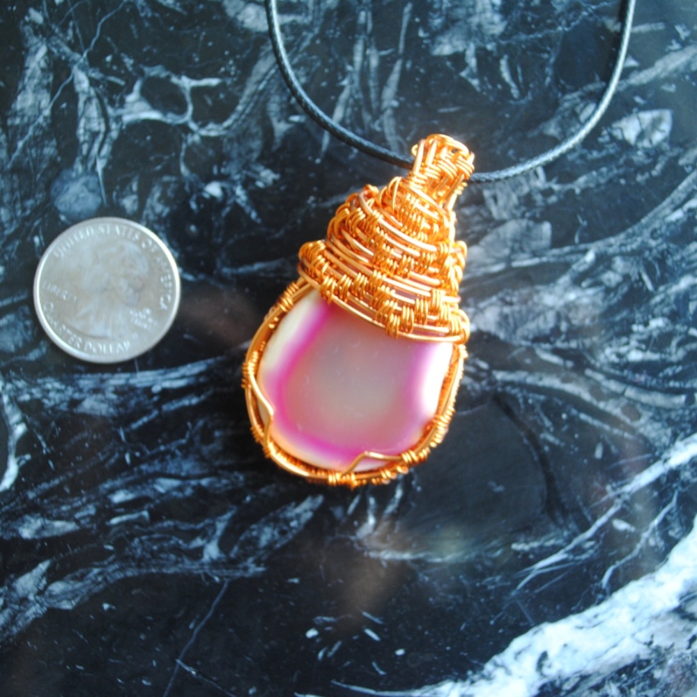 pink agate handmade copper wire wrap pendant magic